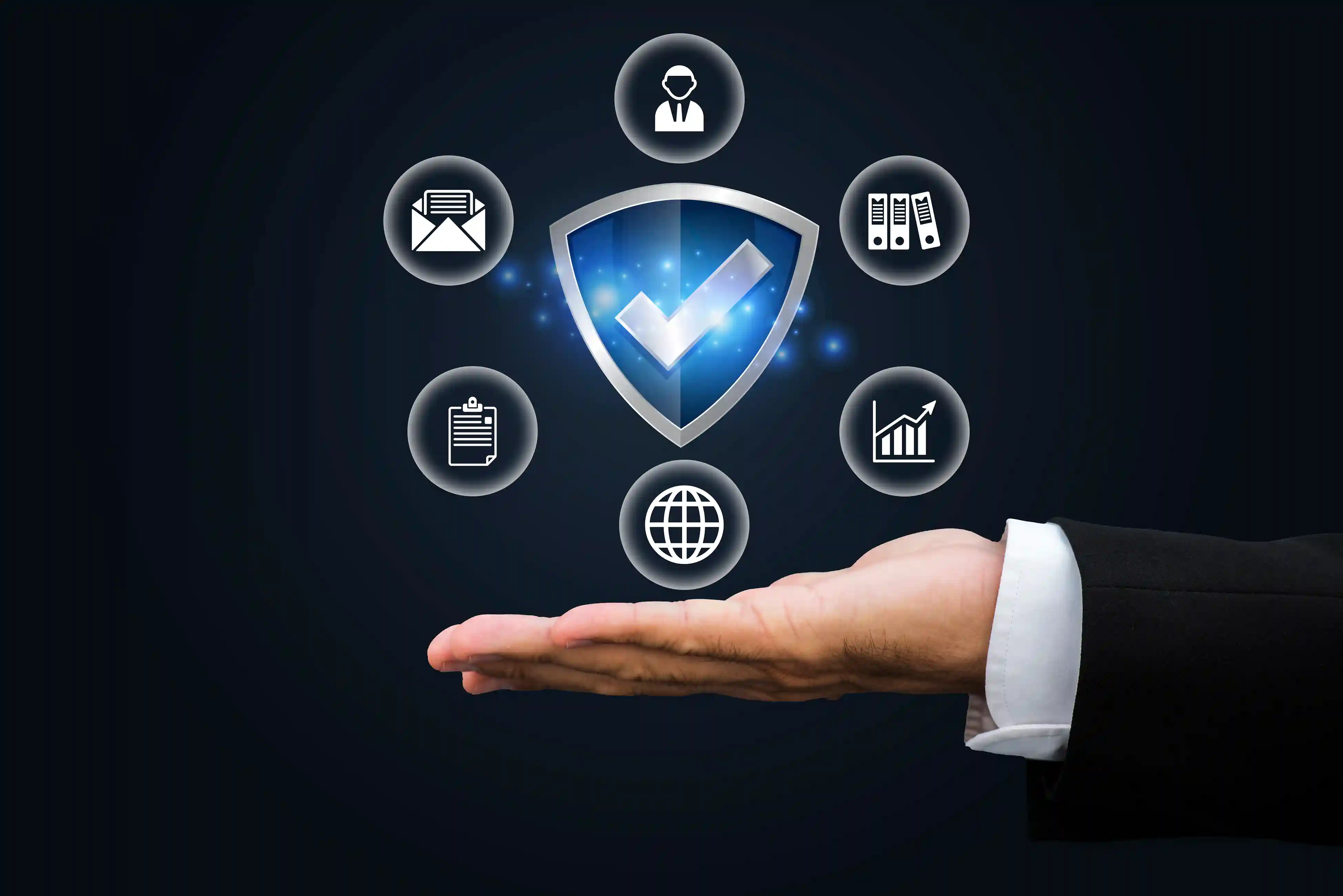 Digital security shield icon with data icons
